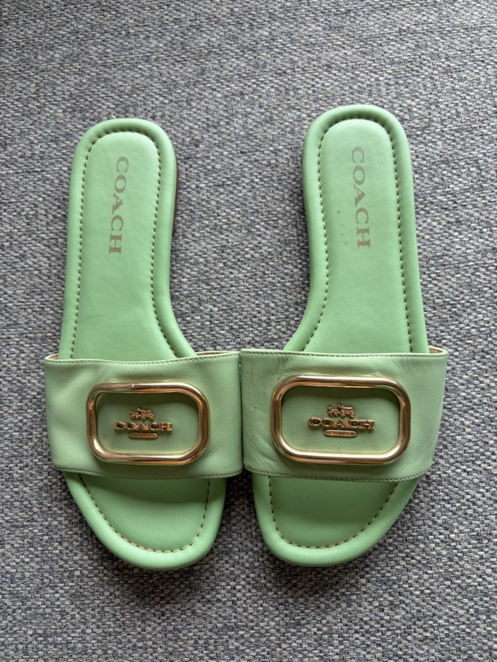 Coach Mint Green Leather Slide Sandals with Gold Accent